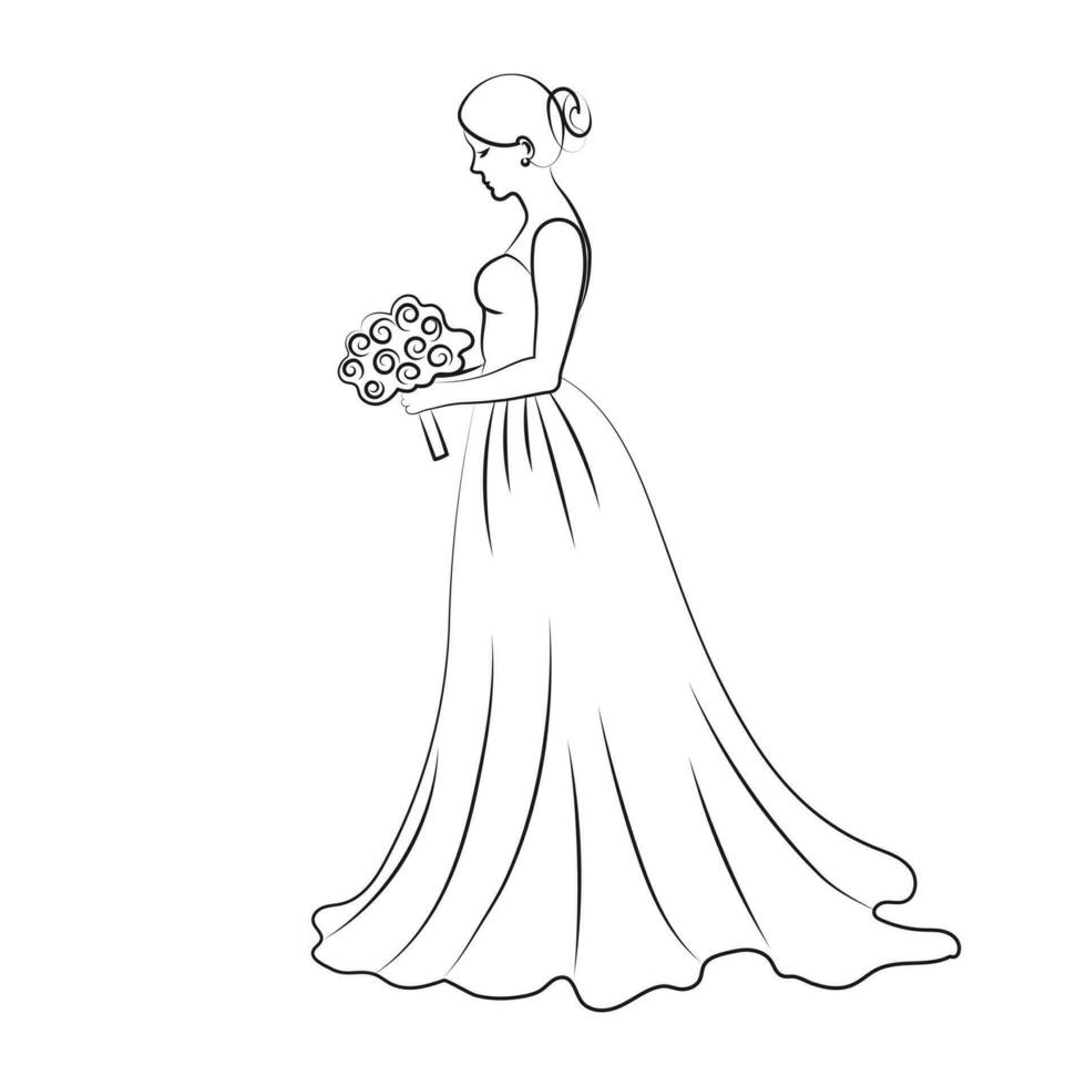 novia en un Boda vestir con un ramo de flores de flores en un blanco antecedentes. línea arte, bosquejo, contorno dibujo, vector