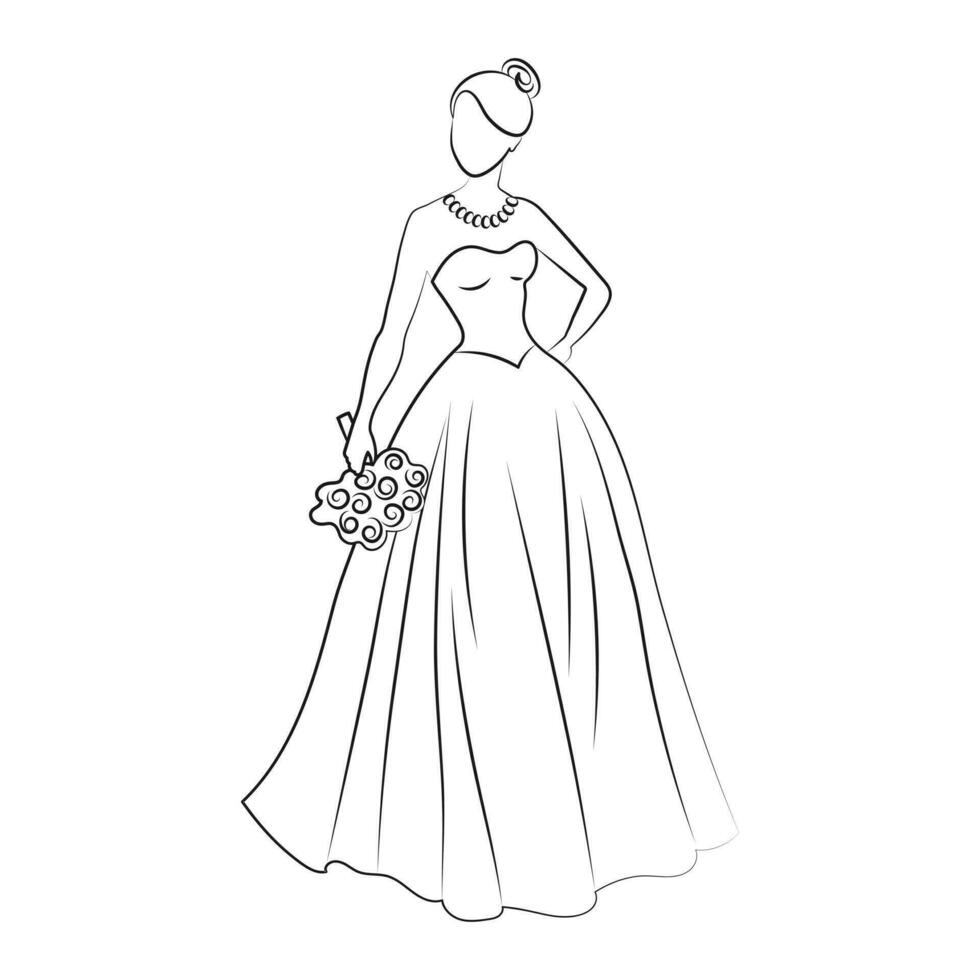 novia en un Boda vestir con un ramo de flores de flores en un blanco antecedentes. línea arte, bosquejo, contorno dibujo, vector