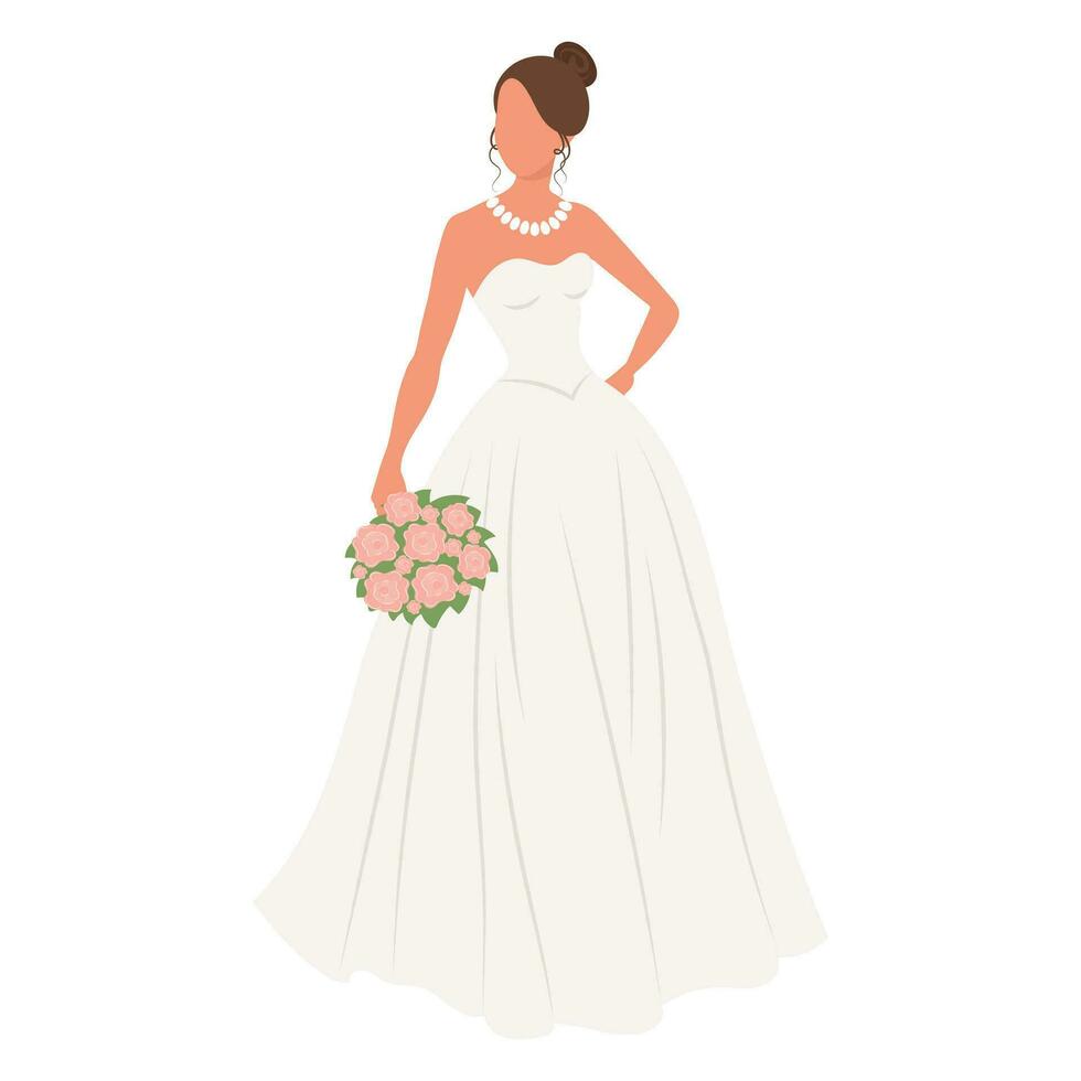 Bride in a wedding dress with a bouquet of flowers on a white background. Luxury wedding illustration, template for invitation, vector