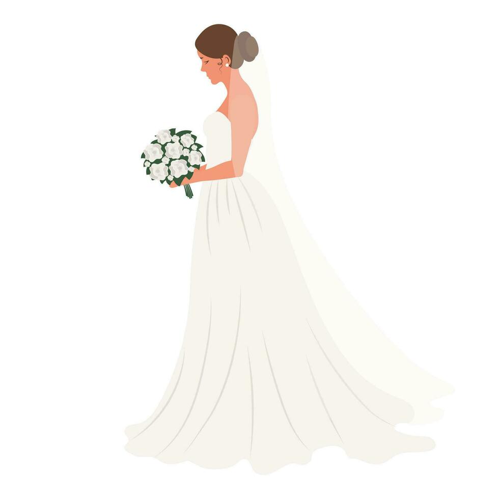 Bride in a wedding dress with a bouquet of flowers on a white background. Luxury wedding illustration, template for invitation, vector