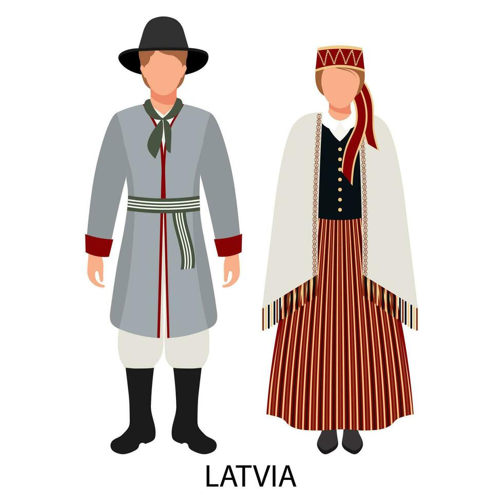 A man and a woman, a couple in Latvian folk costumes. Culture and traditions of Latvia. Illustration, vector