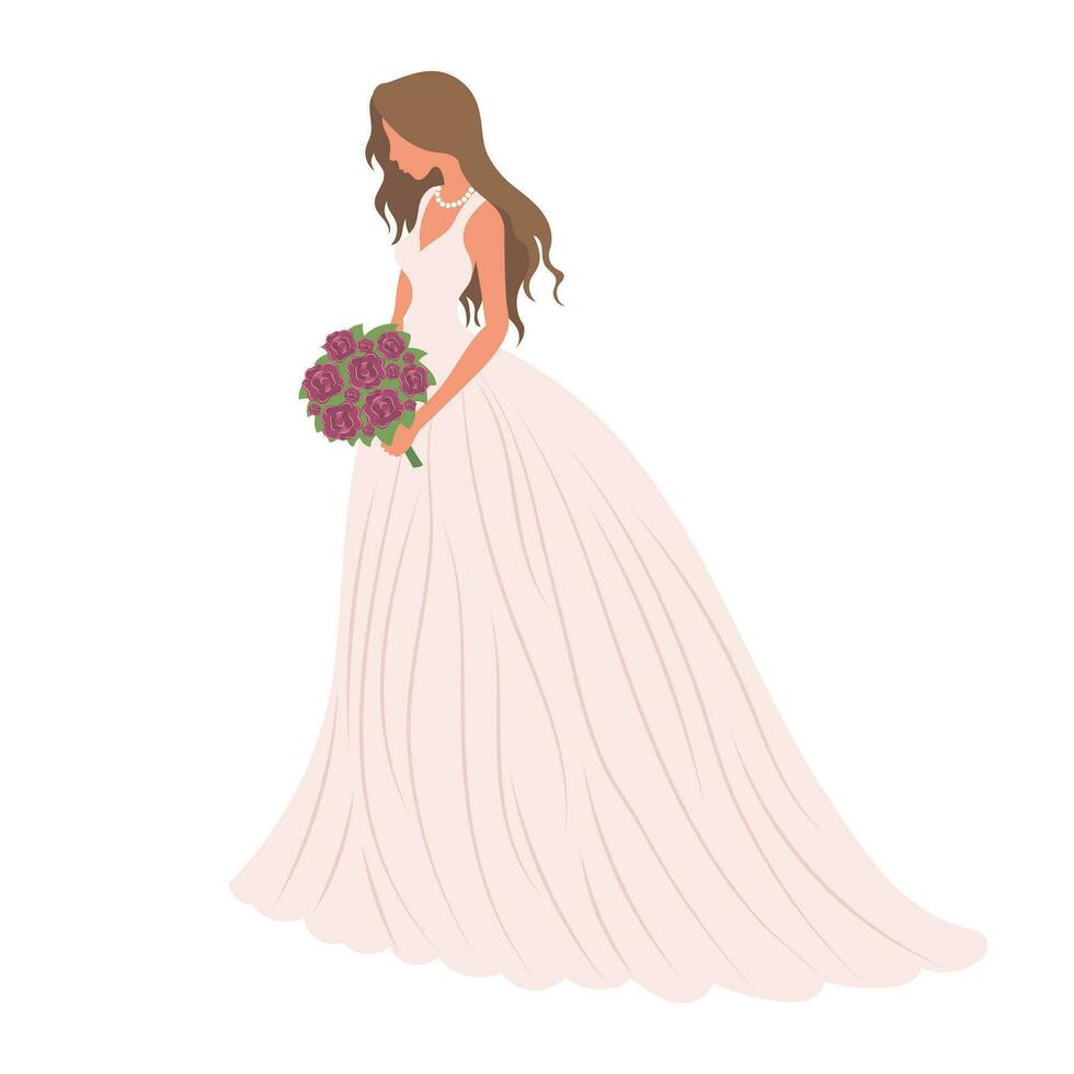 novia en un Boda vestir con un ramo de flores de flores en un blanco antecedentes. lujo Boda ilustración, modelo para invitación, vector