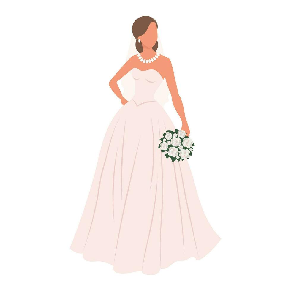 novia en un Boda vestir con un ramo de flores de flores en un blanco antecedentes. lujo Boda ilustración, modelo para invitación, vector