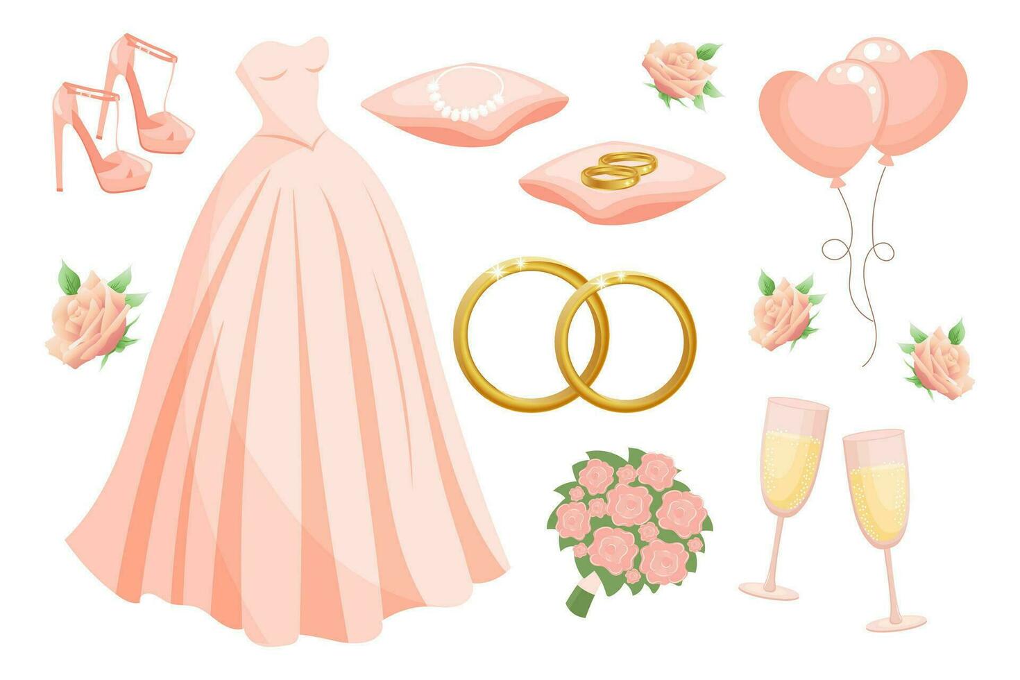 Wedding set of clothes and accessories for the bride, wedding dress, rings, necklace, shoes, glasses of champagne, bridal bouquet, balloons. Design elements, vector