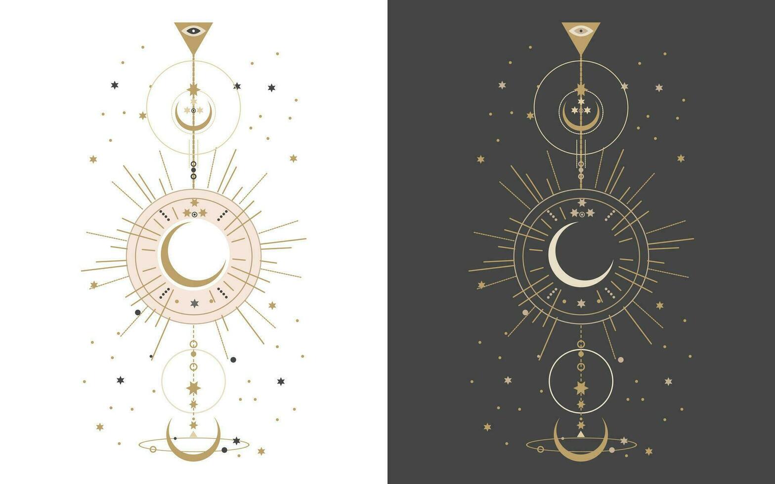 conjunto de esotérico místico carteles con espiritual símbolos, luna, sol, estrellas. plantillas en ligero y oscuro antecedentes, boho estilo. vector