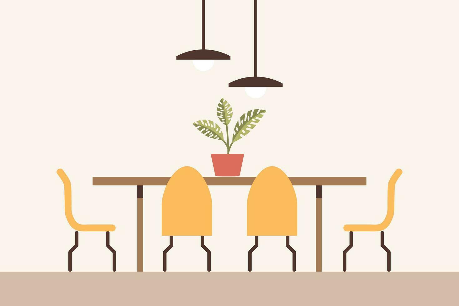 Dining room with dining table with chairs, house plant on the table and modern lamps in lampshades. Flat interior in minimal style, vector