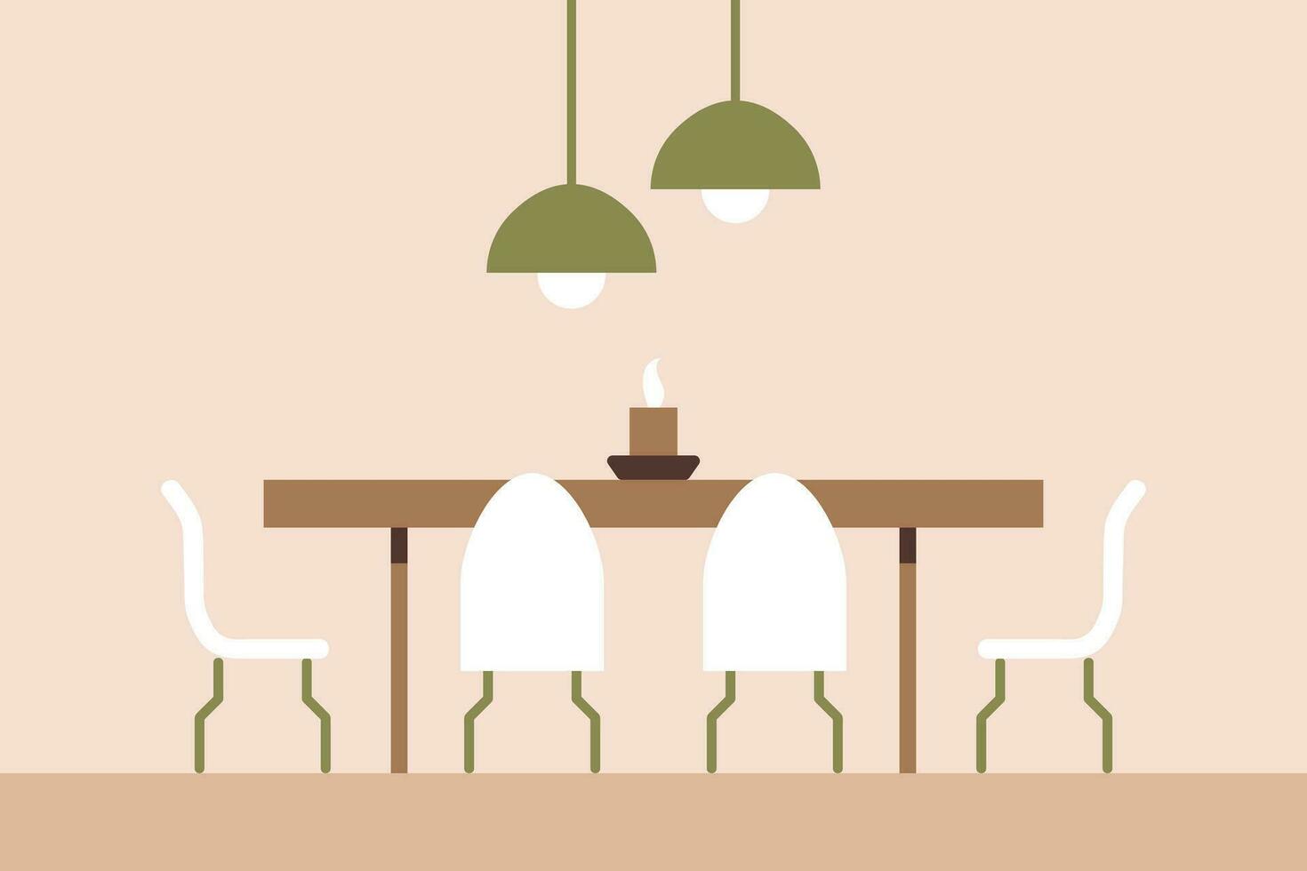 comida habitación con comida mesa con sillas, vela en el mesa y moderno lamparas en pantallas de lámparas. plano interior en mínimo estilo, vector