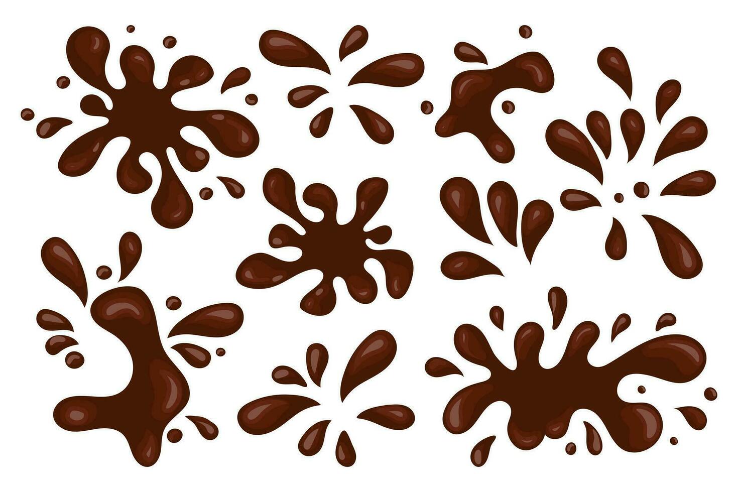 Set of liquid chocolate splashes, pours and chocolate milk stains. Design elements, vector