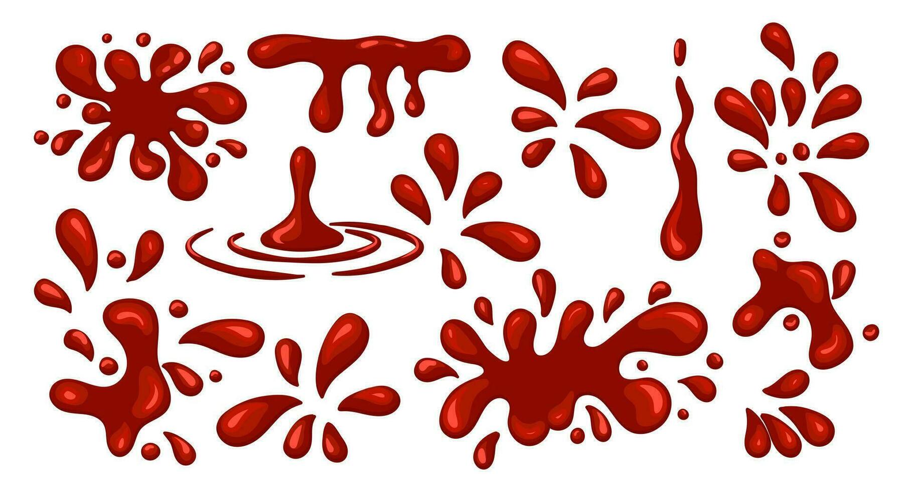 conjunto de sangriento salpicaduras, llena y rojo sangre manchas en un blanco antecedentes. diseño elementos, vector