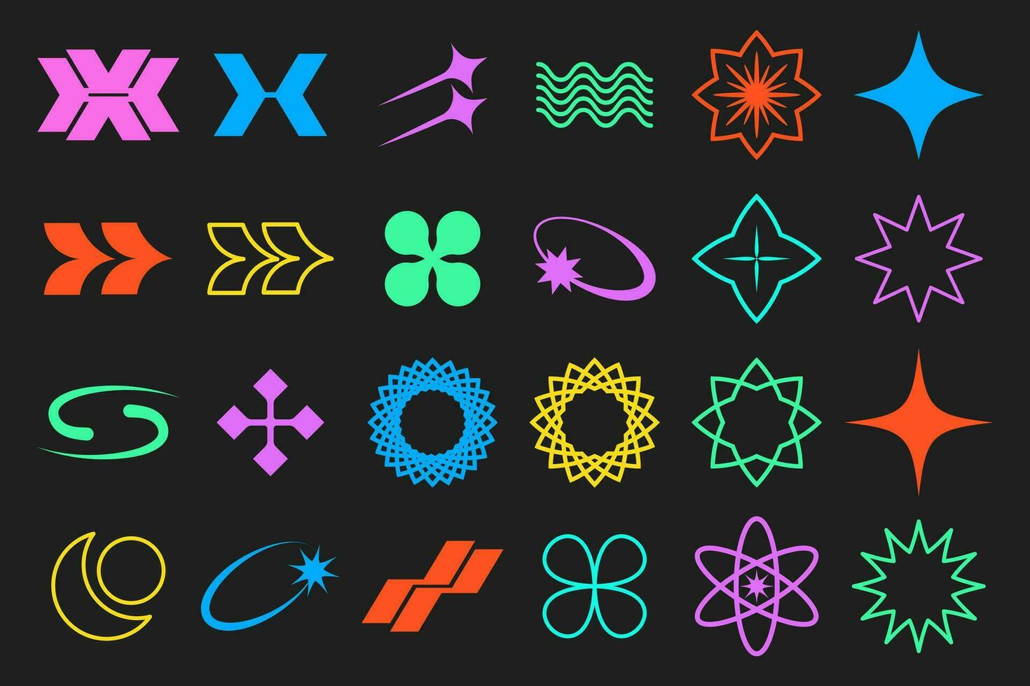 Set of Y2K symbols in retrofuturism style, design elements for logo templates in modern minimalist style. Retro brutalism elements for posters. Vector