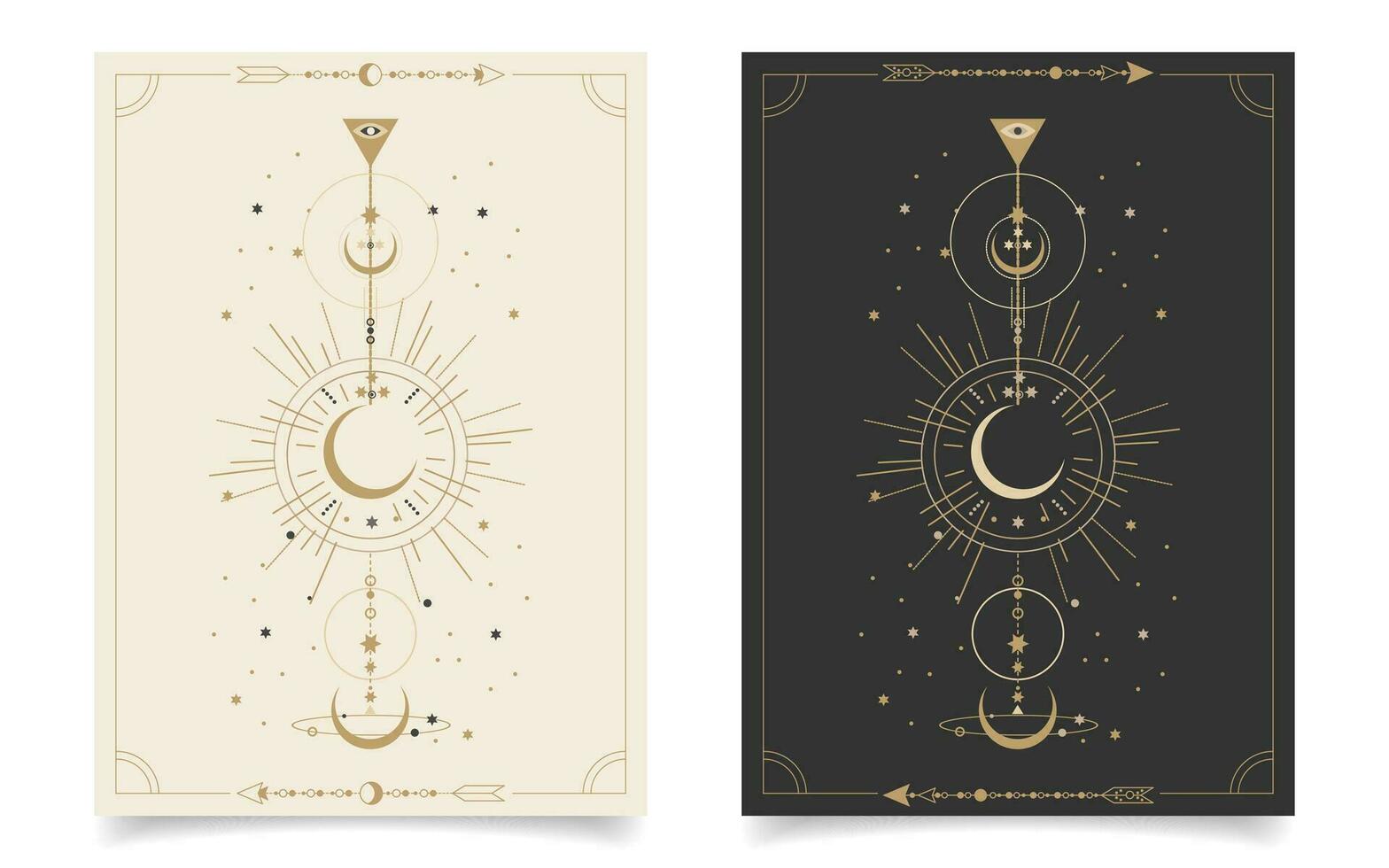 conjunto de esotérico místico carteles con espiritual símbolos, luna, sol, estrellas. plantillas en ligero y oscuro antecedentes, boho estilo. vector