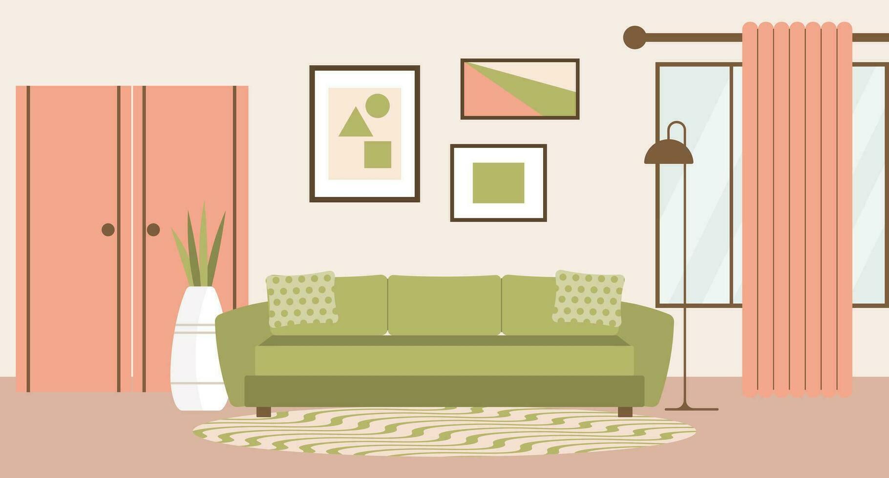 Living room with sofa, house plants, bedside table, window with curtains, bookcase and paintings on the wall. Flat interior in minimal style, vector