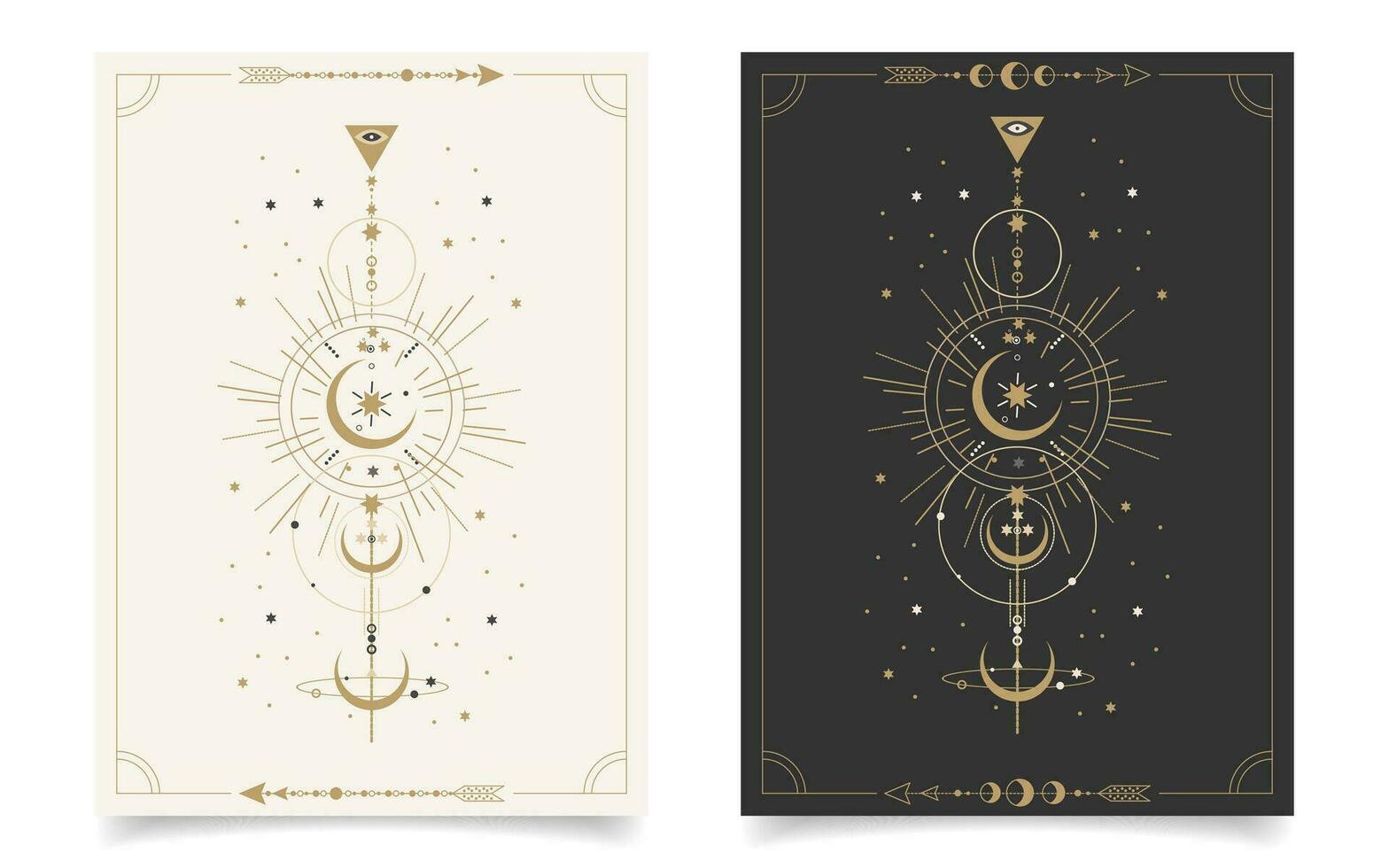 Set of esoteric mystical posters with spiritual symbols, moon, sun, stars. Templates on light and dark backgrounds, boho style. Vector