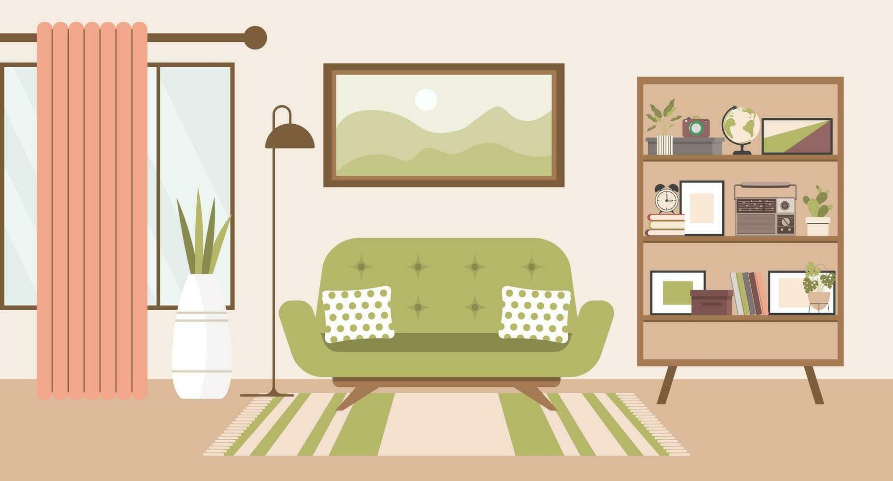 Living room with sofa, house plants, bedside table, window with curtains, bookcase and paintings on the wall. Flat interior in minimal style, vector