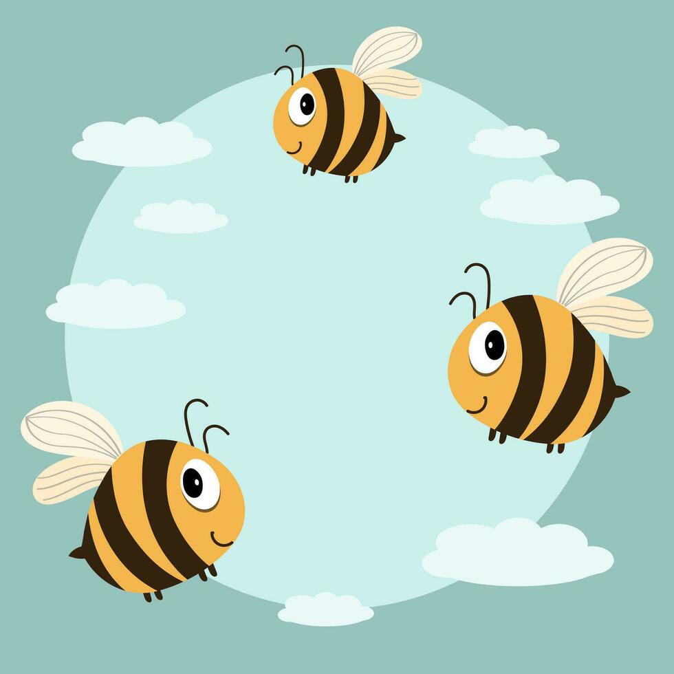 Cute cartoon bees in the sky with clouds. Cartoon children's print with copy space. Vector