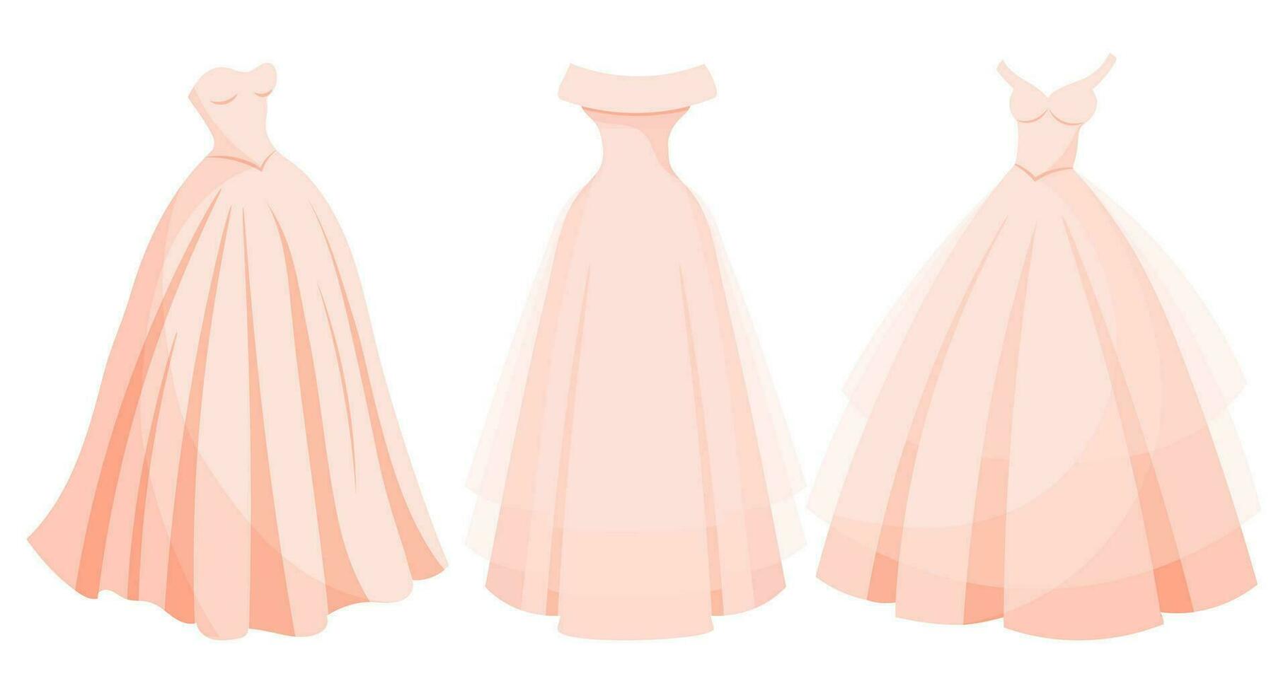 Set of luxury pink dresses, princess wedding dresses collection. Fashion. Illustration, vector