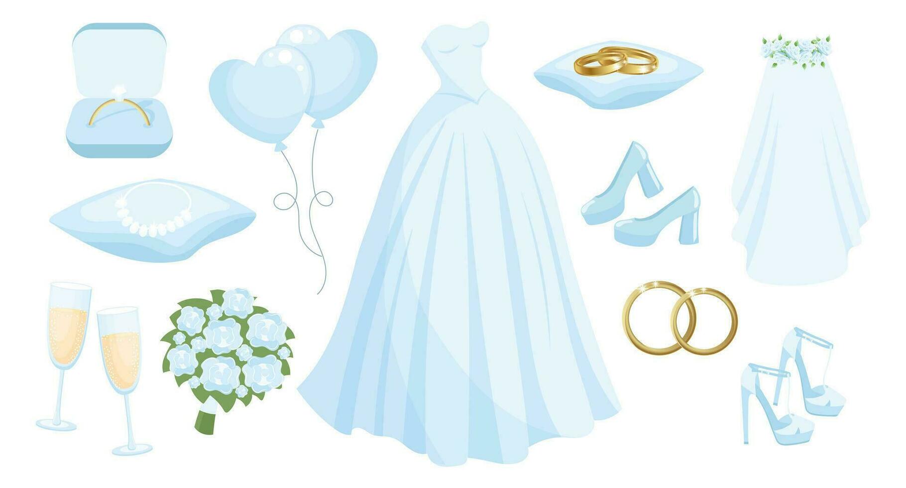 Wedding set of clothes and accessories for the bride, wedding dress, rings, necklace, shoes, veil, champagne glasses, bouquet, balloons. Design elements, vector