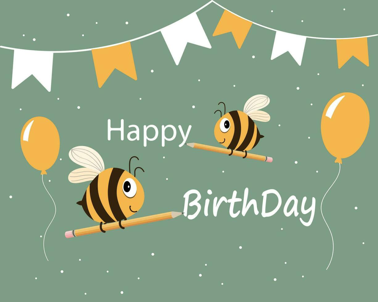 Cute cartoon bees and festive garlands with flags. Cartoon children's print, happy birthday card. Vector