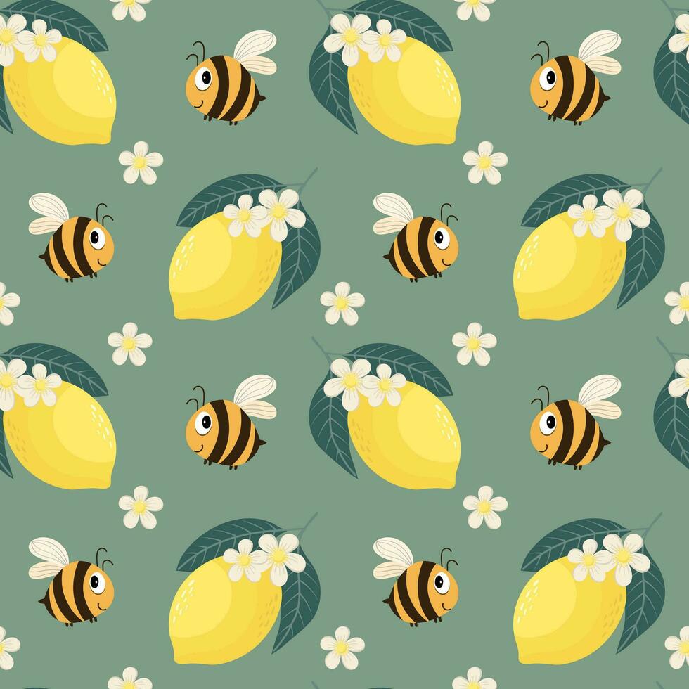 sin costura patrón, linda dibujos animados abejas, limones y flores en un delicado antecedentes. dibujos animados bebé imprimir, textil, fondo de pantalla, para niños dormitorio decoración. vector