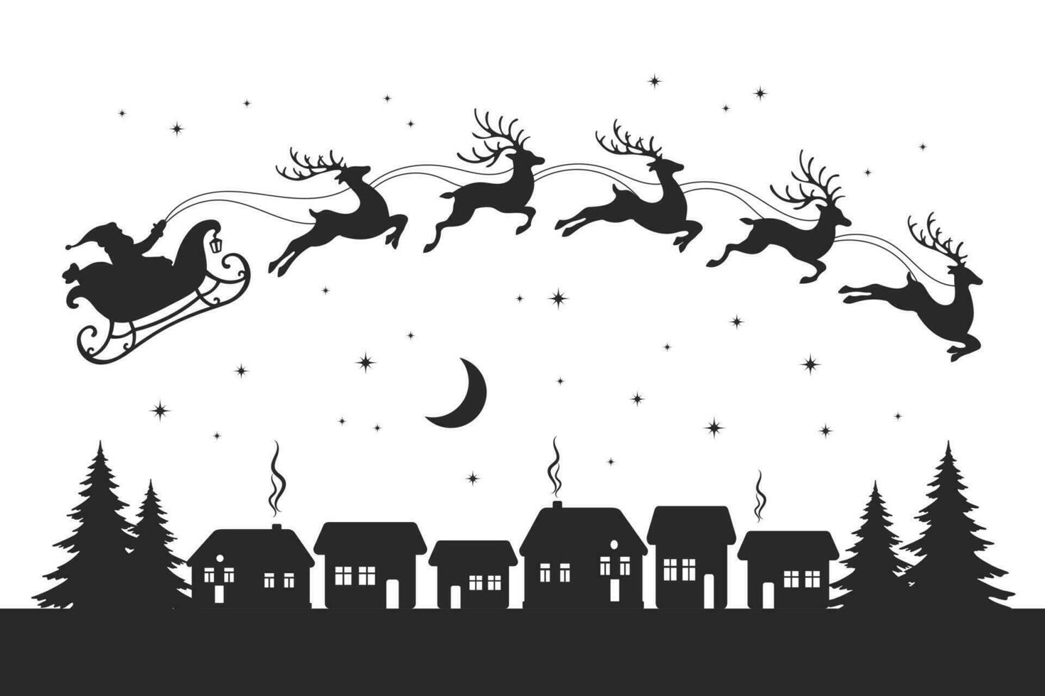 Santa on a sleigh with reindeers in the sky with the moon, winter landscape, silhouette on a white background. Christmas illustration, vector