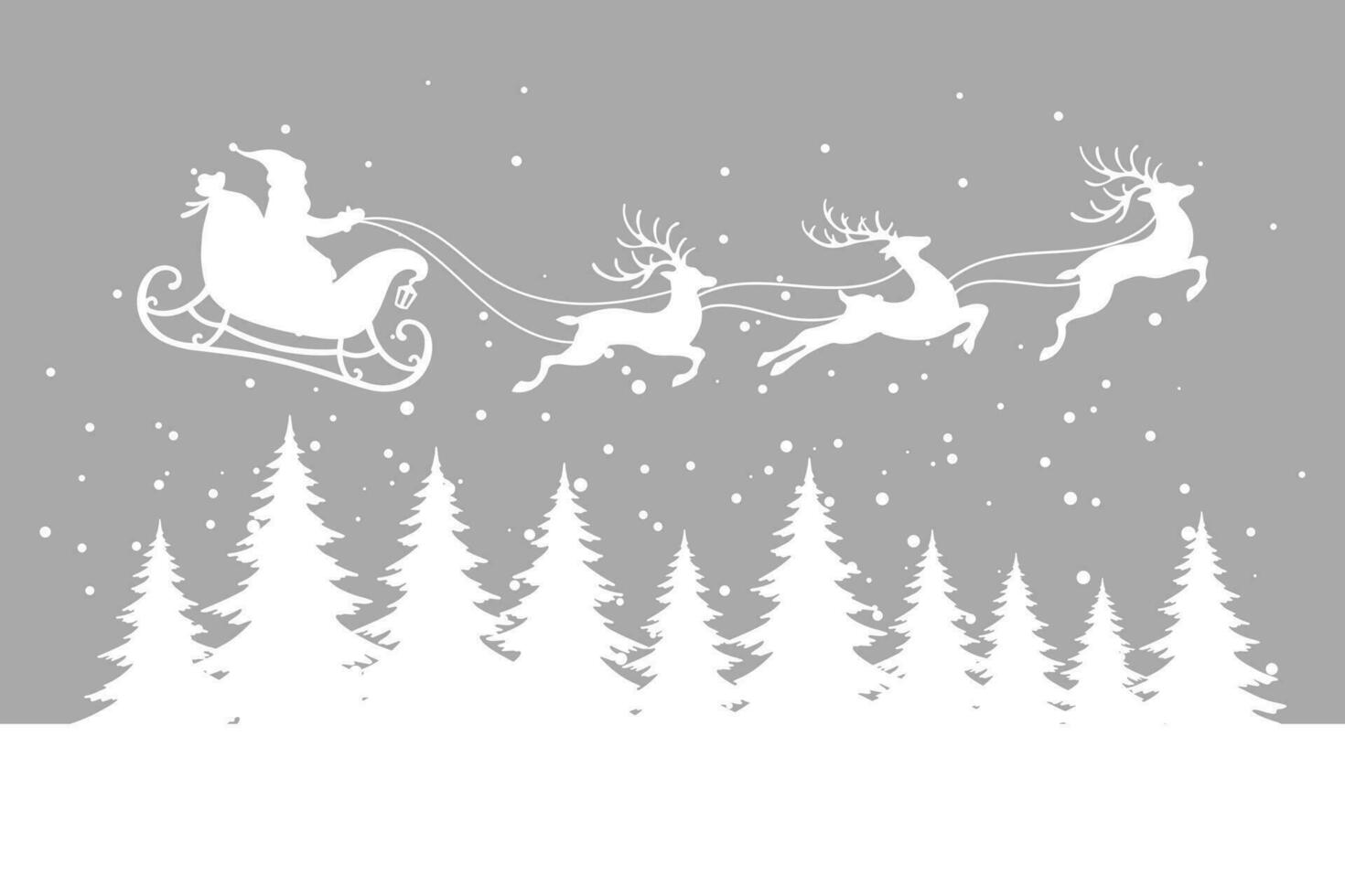 Santa on a sleigh with reindeers in the sky with the moon, winter landscape, white silhouette on a pastel background. Christmas illustration, vector