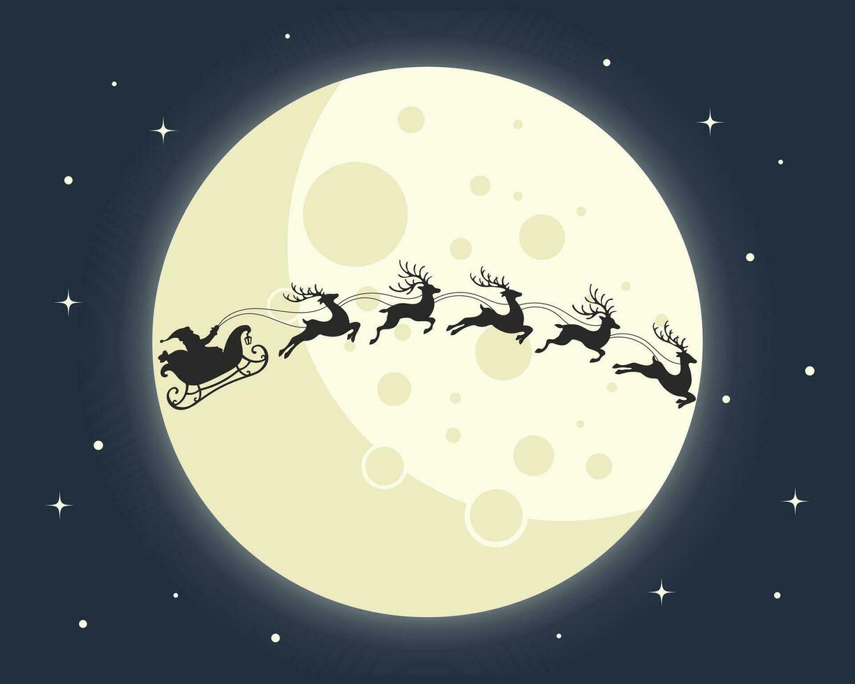 Santa on a sleigh with reindeers in the sky with a full moon. Christmas illustration, vector