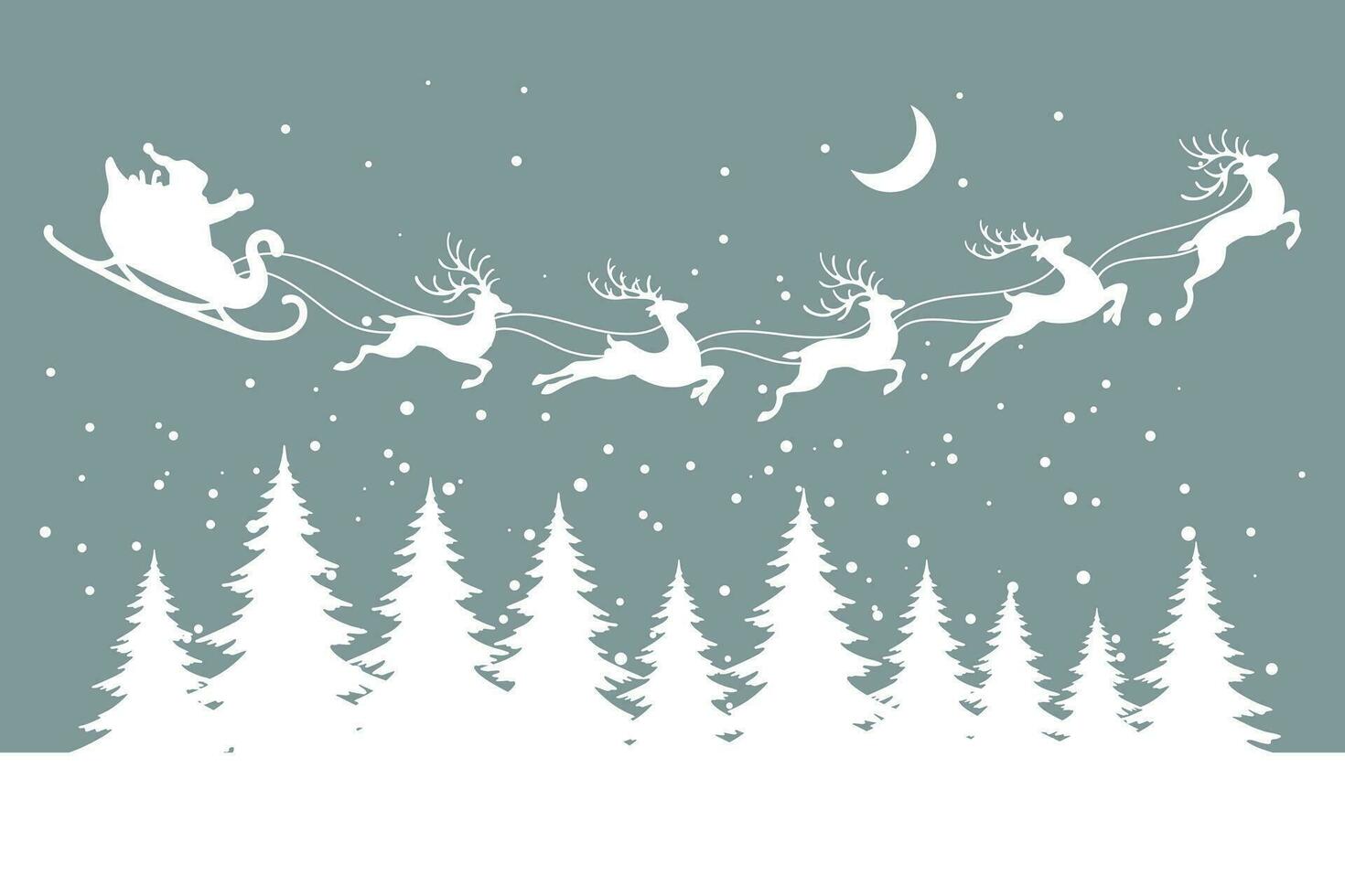 Santa on a sleigh with reindeers in the sky with the moon, winter landscape, white silhouette on a pastel background. Christmas illustration, vector