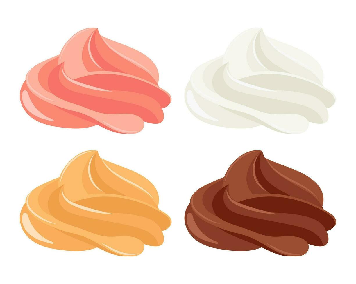 Creamy swirl set. Whipped cream, mousse. Strawberry, chocolate, vanilla and caramel cream. Dessert illustration in cartoon flat style. Food icon. Vector