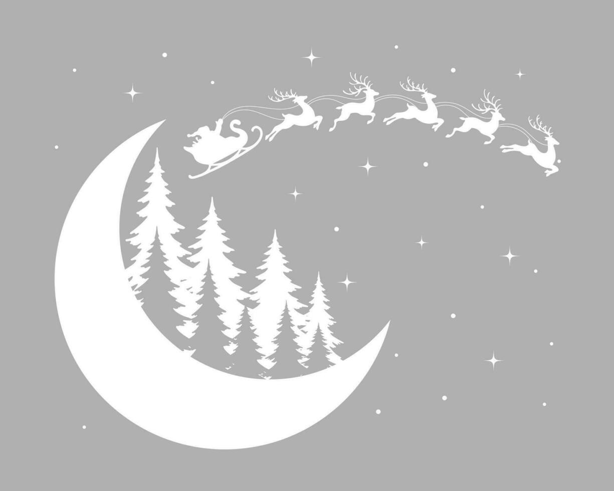 Santa on a sleigh with reindeers in the sky with the moon and fir trees, winter landscape, white silhouette. Christmas illustration, vector