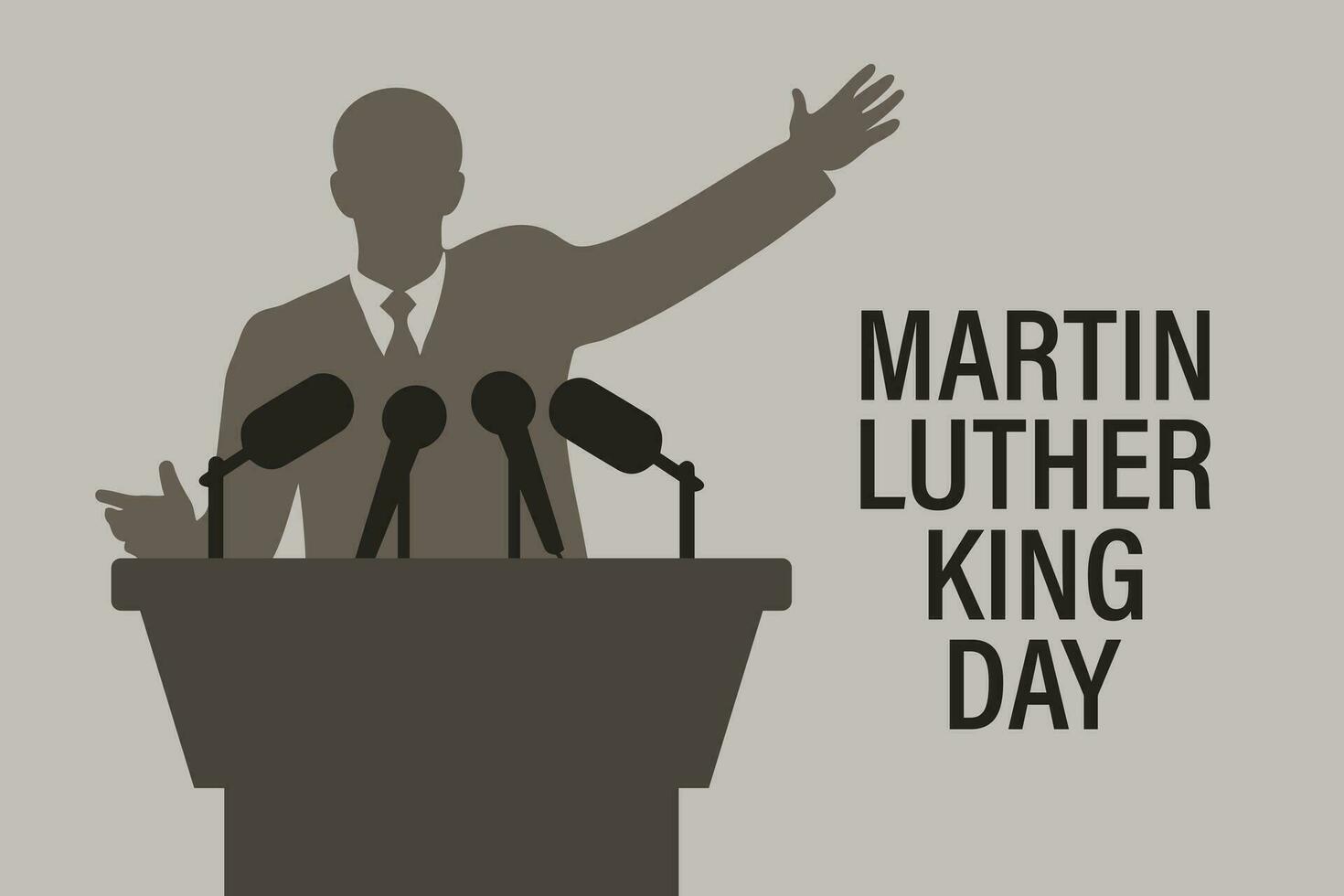 martín lutero Rey jr. día saludo tarjeta diseño. mlk día. silueta de un político en un podio con micrófonos vector