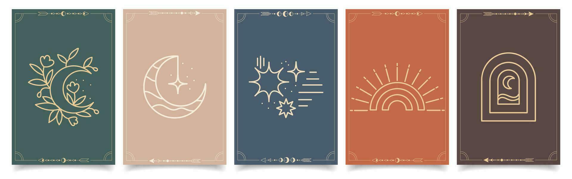 Set of esoteric mystical posters with spiritual symbols, moon, sun, stars. Templates on light and dark backgrounds, boho style. Vector