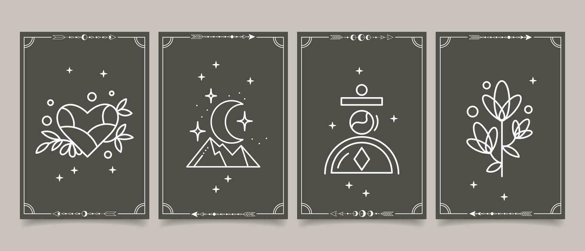 Set of esoteric mystical posters with spiritual symbols, moon, sun, stars. Templates on light and dark backgrounds, boho style. Vector