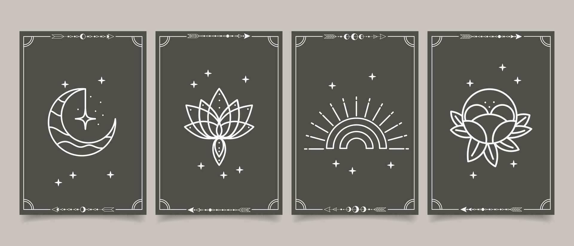 conjunto de esotérico místico carteles con espiritual símbolos, luna, sol, estrellas. plantillas en ligero y oscuro antecedentes, boho estilo. vector