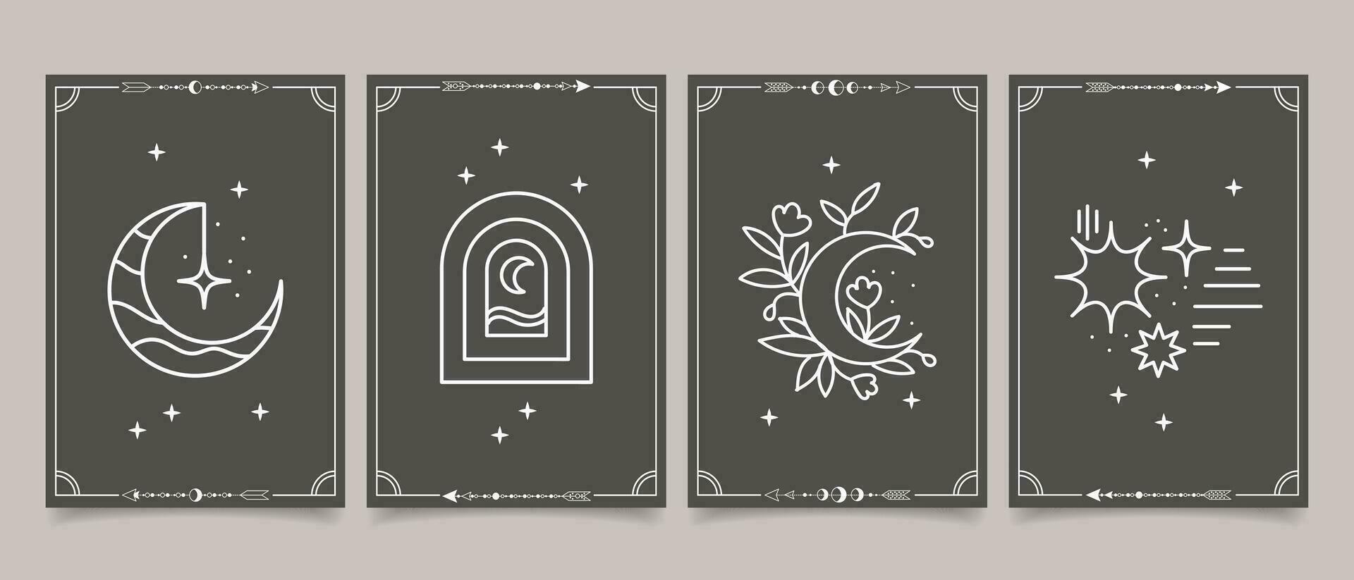 Set of esoteric mystical posters with spiritual symbols, moon, sun, stars. Templates on light and dark backgrounds, boho style. Vector