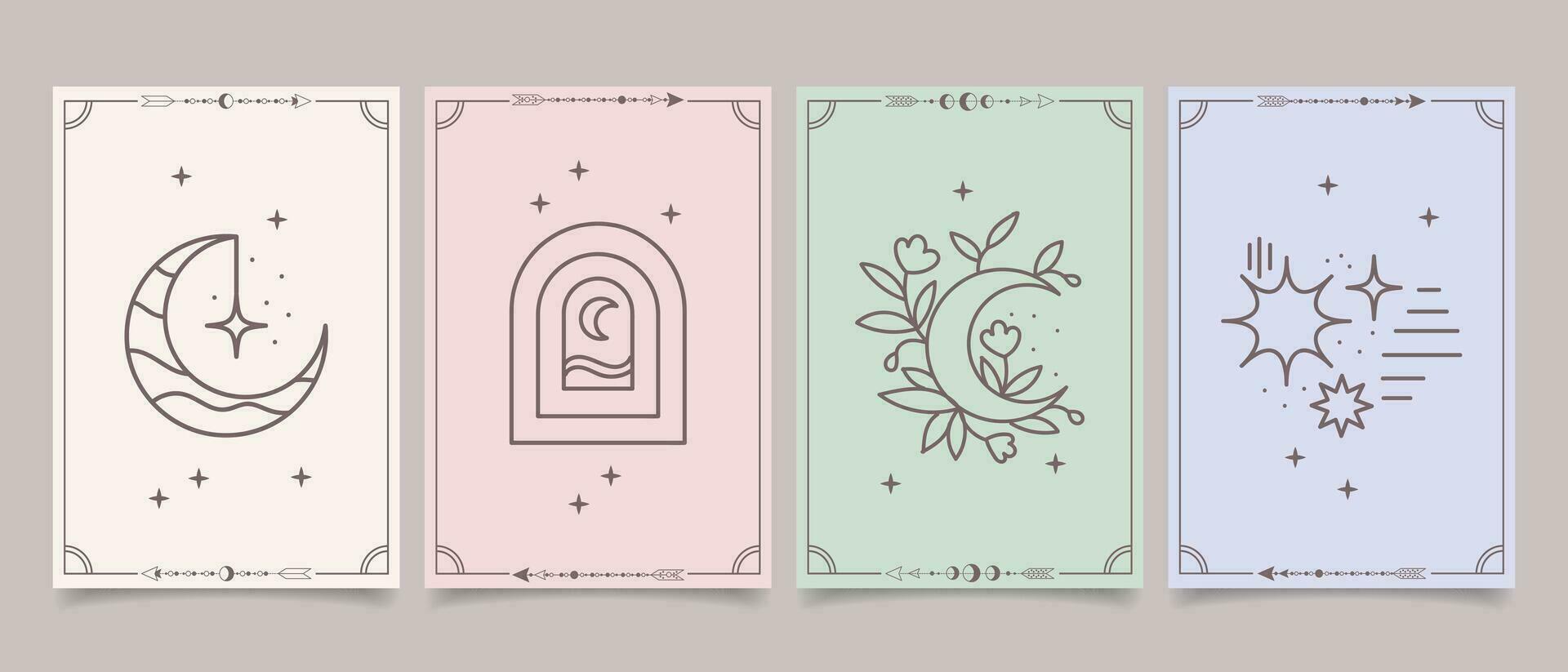 Set of esoteric mystical posters with spiritual symbols, moon, sun, stars. Templates on light and dark backgrounds, boho style. Vector