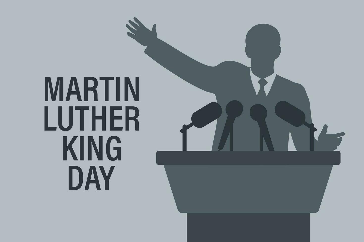 martín lutero Rey jr. día saludo tarjeta diseño. mlk día. silueta de un político en un podio con micrófonos vector