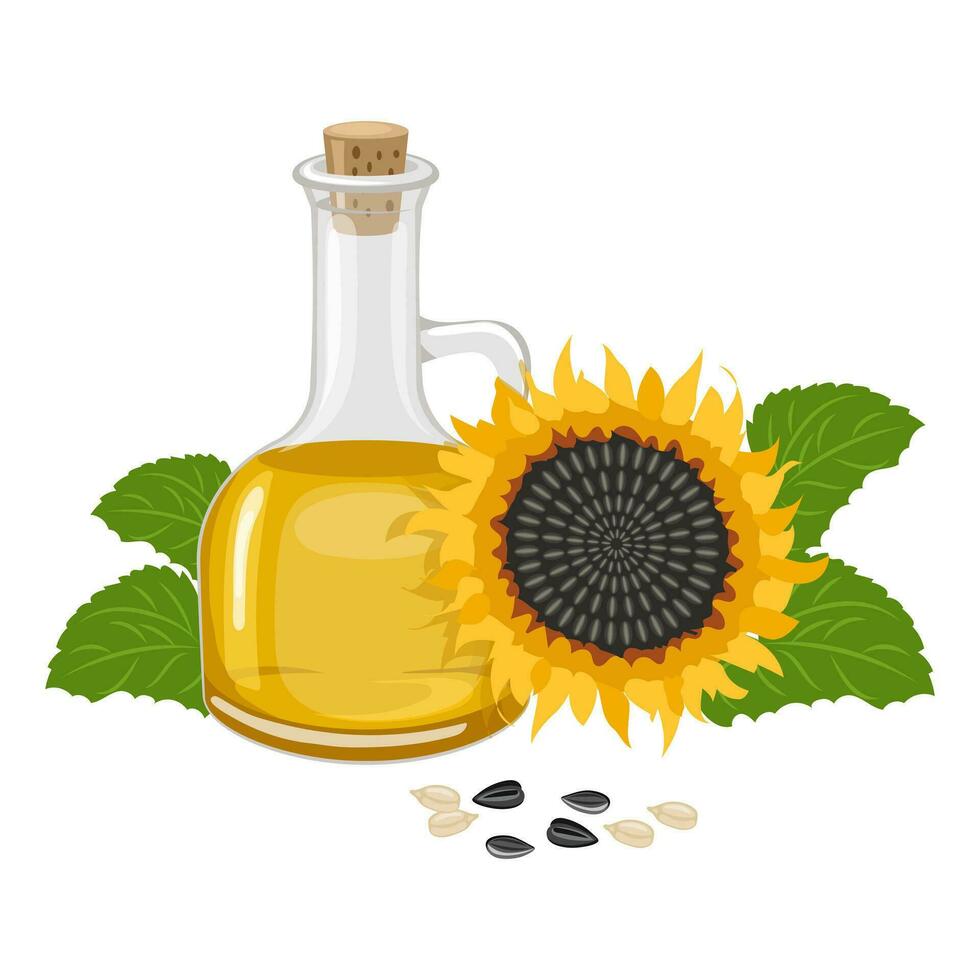 Sunflower set. Sunflower oil, sunflower plant, seeds in a canvas bag, wooden spoon and bowl. Agriculture, food. Vector