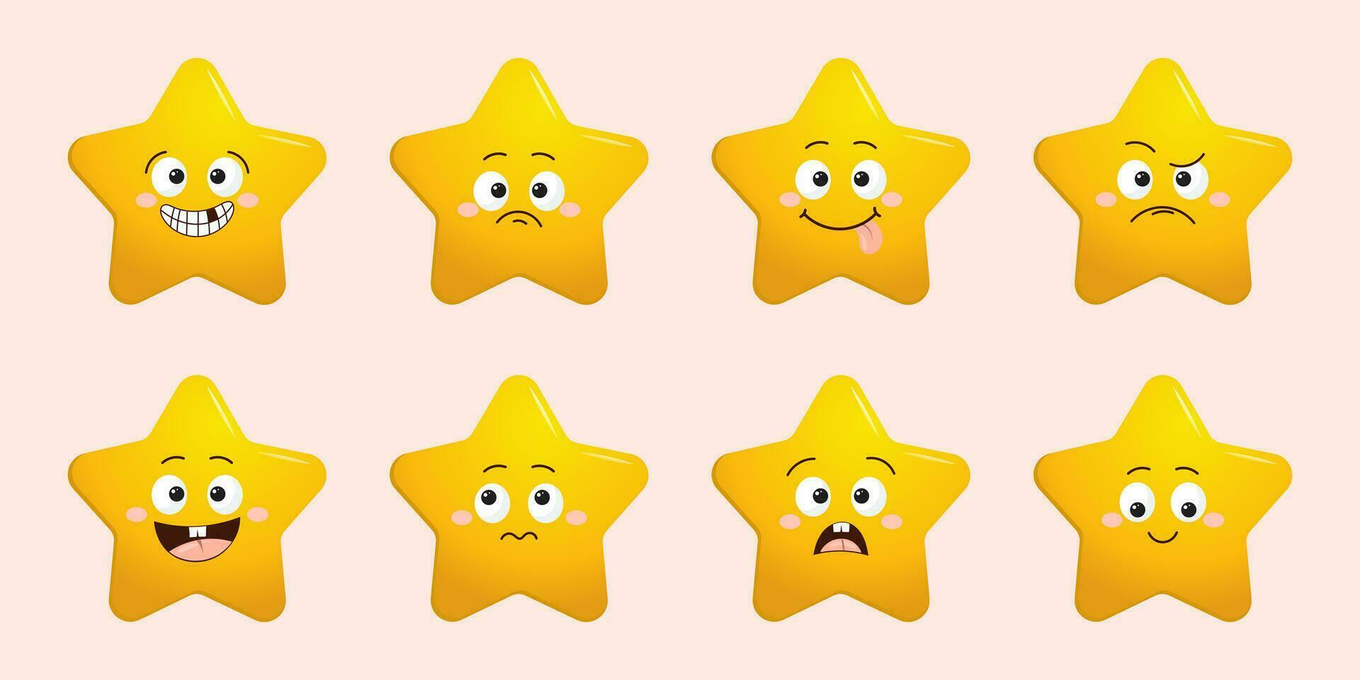 estrella personaje colocar. oro gracioso estrellas con emociones en rostro, linda dibujos animados emoji diseño. vector