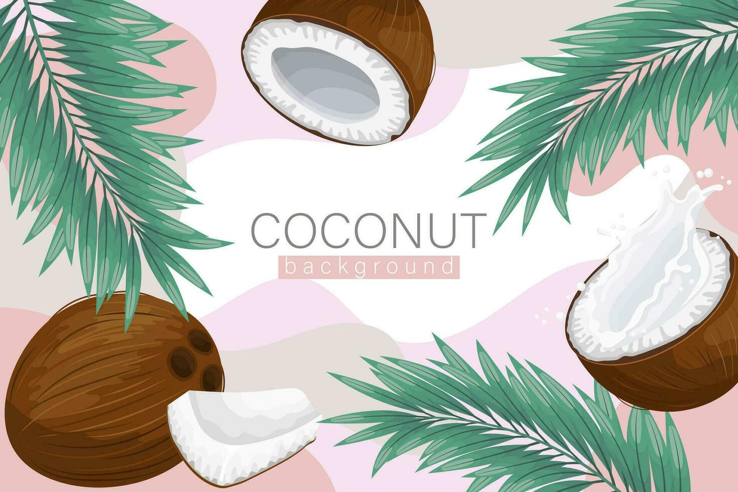 Coconut background. Cosmetic label background, realistic coconut milk, coconut and palm leaves on abstract pink texture. Beach poster. Vector