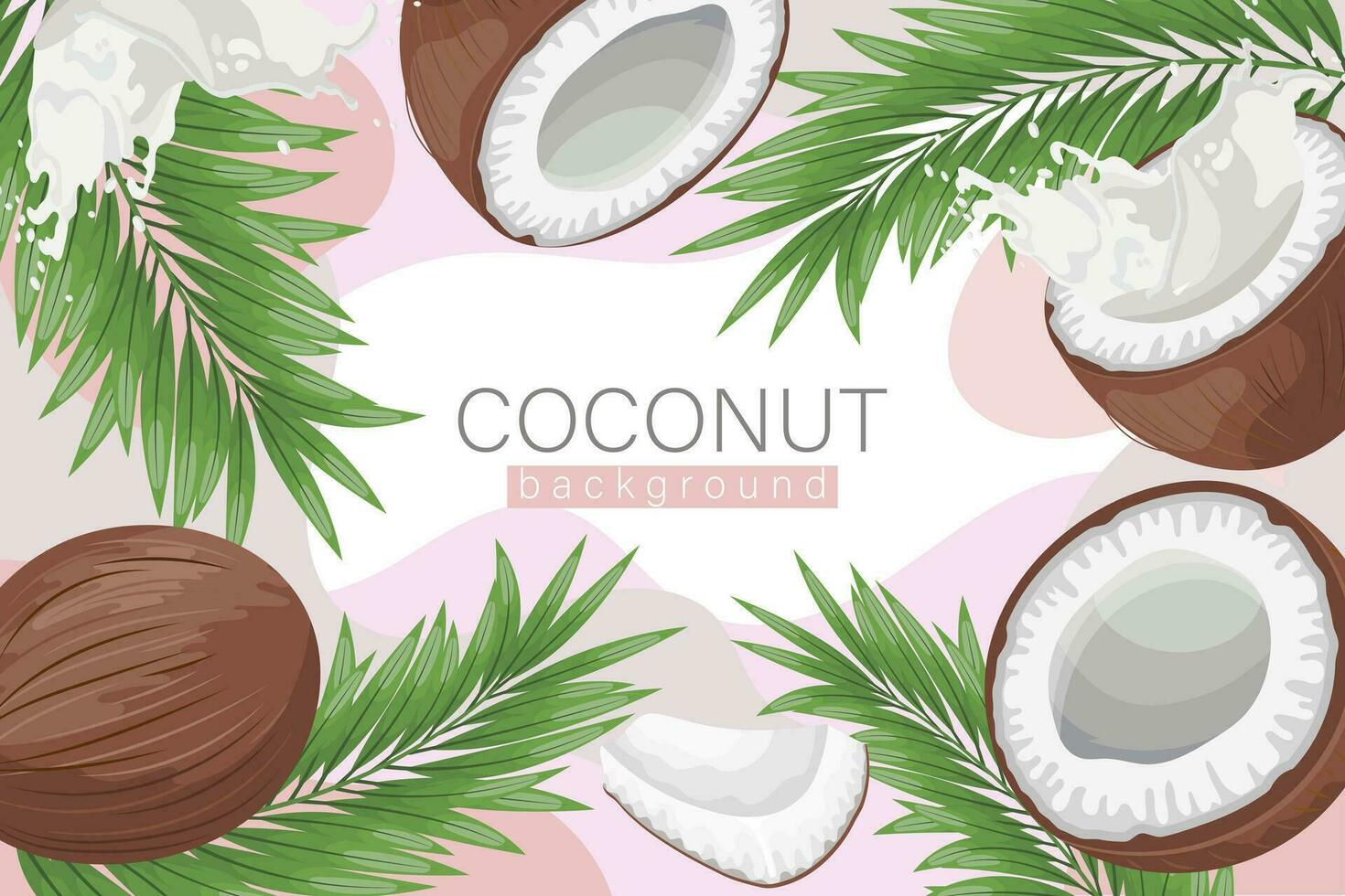 Coconut background. Cosmetic label background, realistic coconut milk, coconut and palm leaves on abstract pink texture. Beach poster. Vector