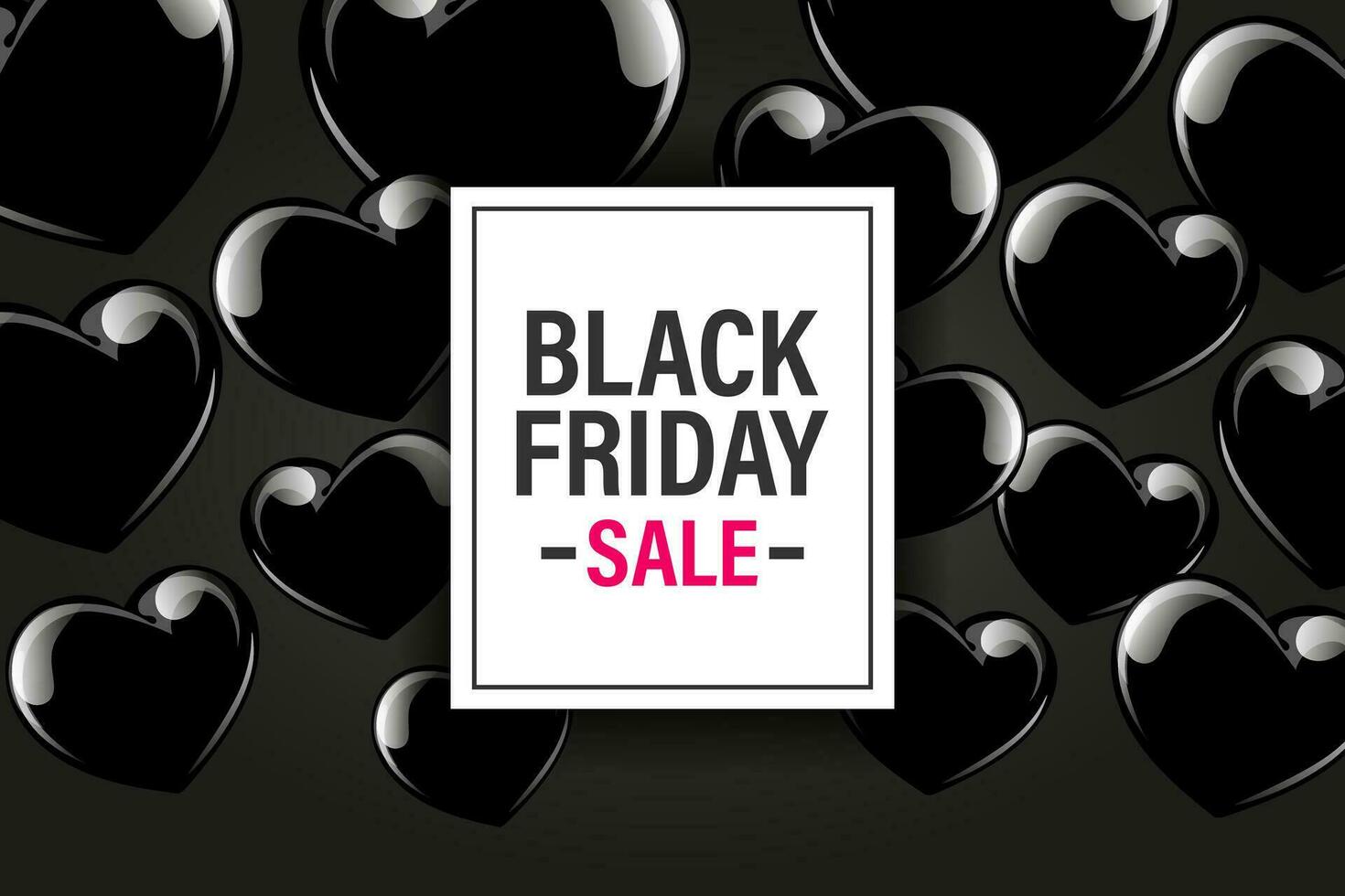Black Friday sale banner with black shiny balloons and hearts. Minimal style poster with balloons, template. Vector