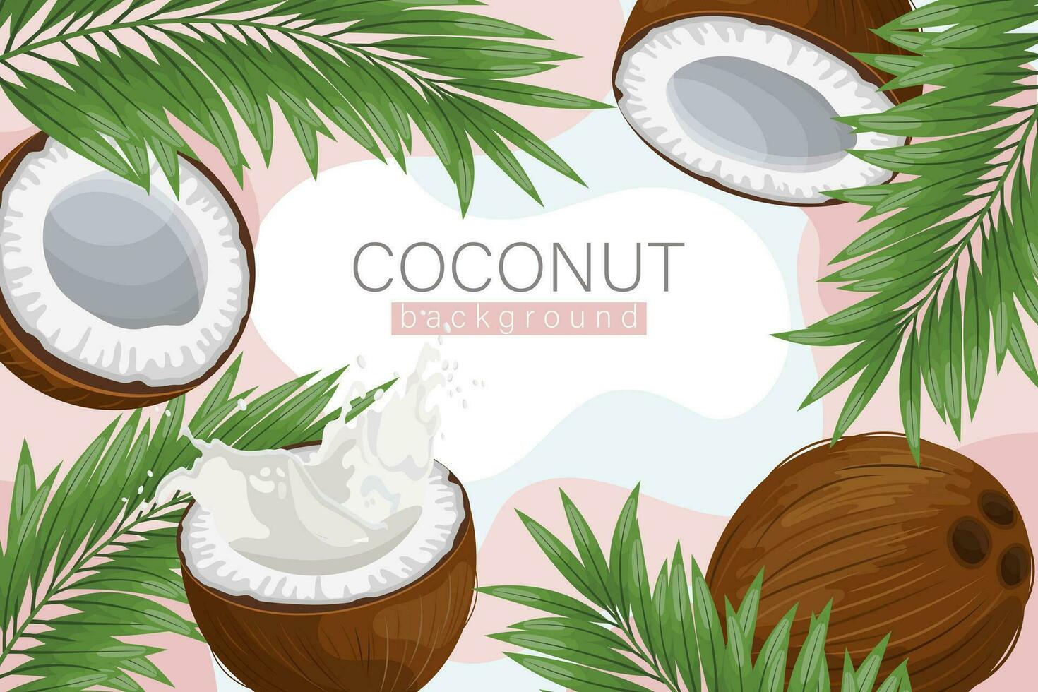 Coconut background. Cosmetic label background, realistic coconut milk, coconut and palm leaves on abstract pink texture. Beach poster. Vector