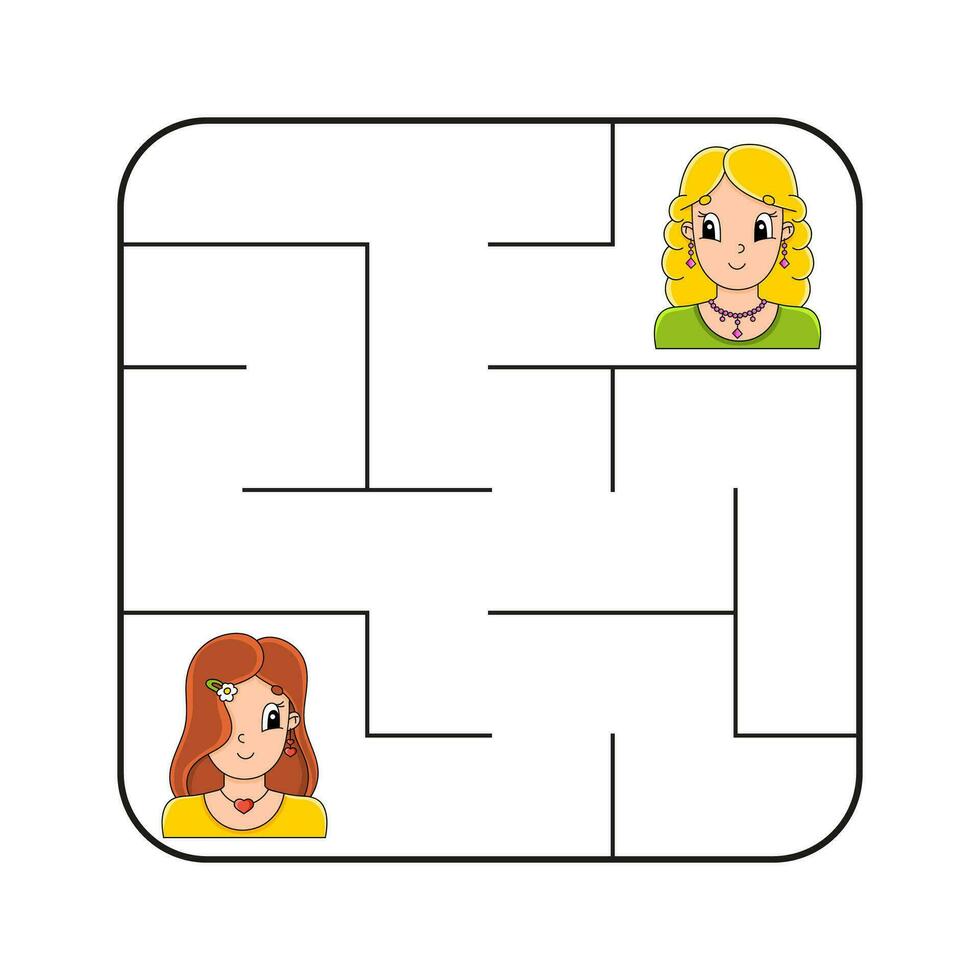 Simple square maze for toddlers. With cute cartoon characters. Isolated on white background. Vector illustration.