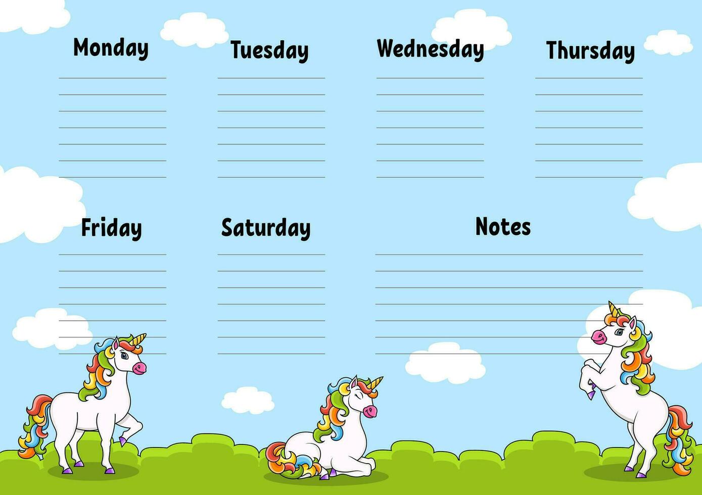 School timetable with cute unicorn. For the education of children. Isolated on a blue background. With a cute cartoon character. vector