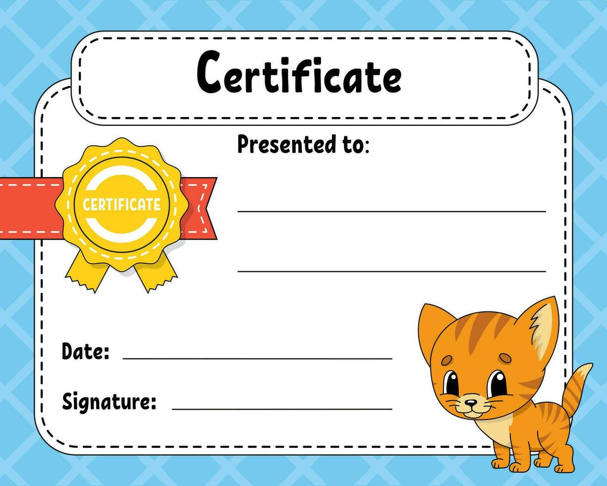 Certificate template for kids. Colorful school and preschool diploma. With cute character. Vector illustration.