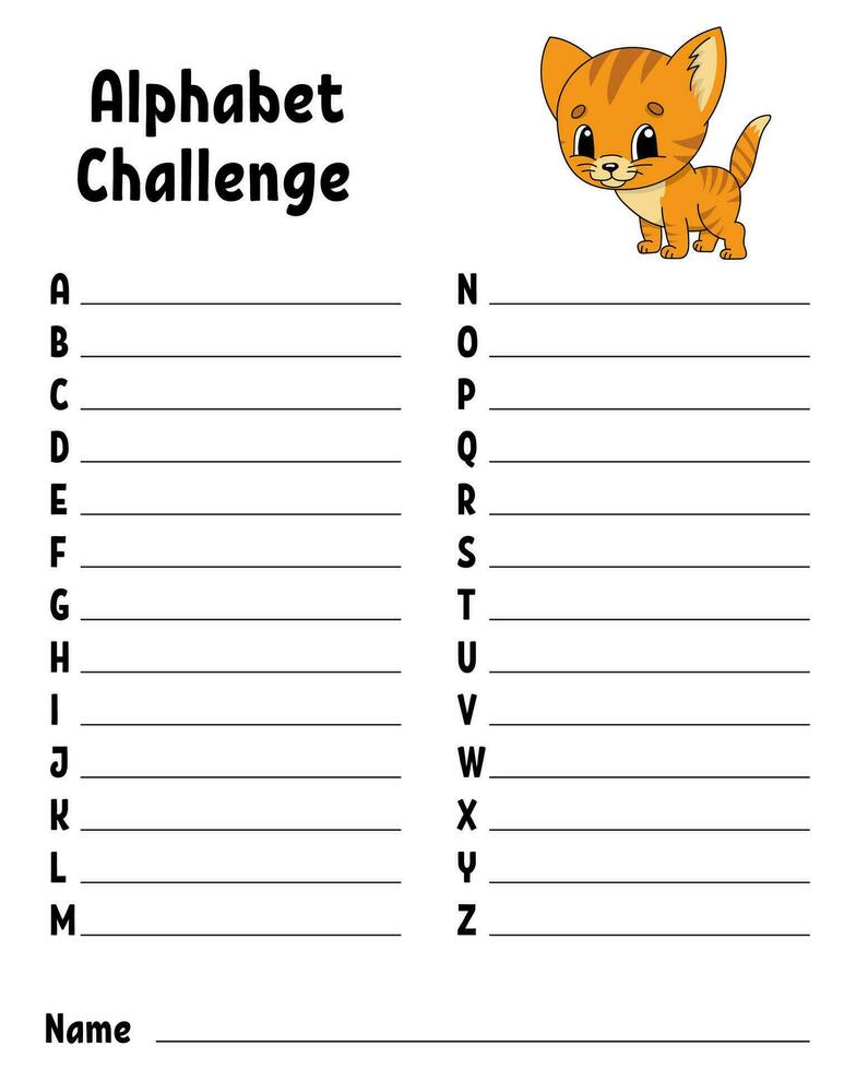 Alphabet challenge. Educational activity worksheet for kids and toddlers. Game for children. Vector illustration.