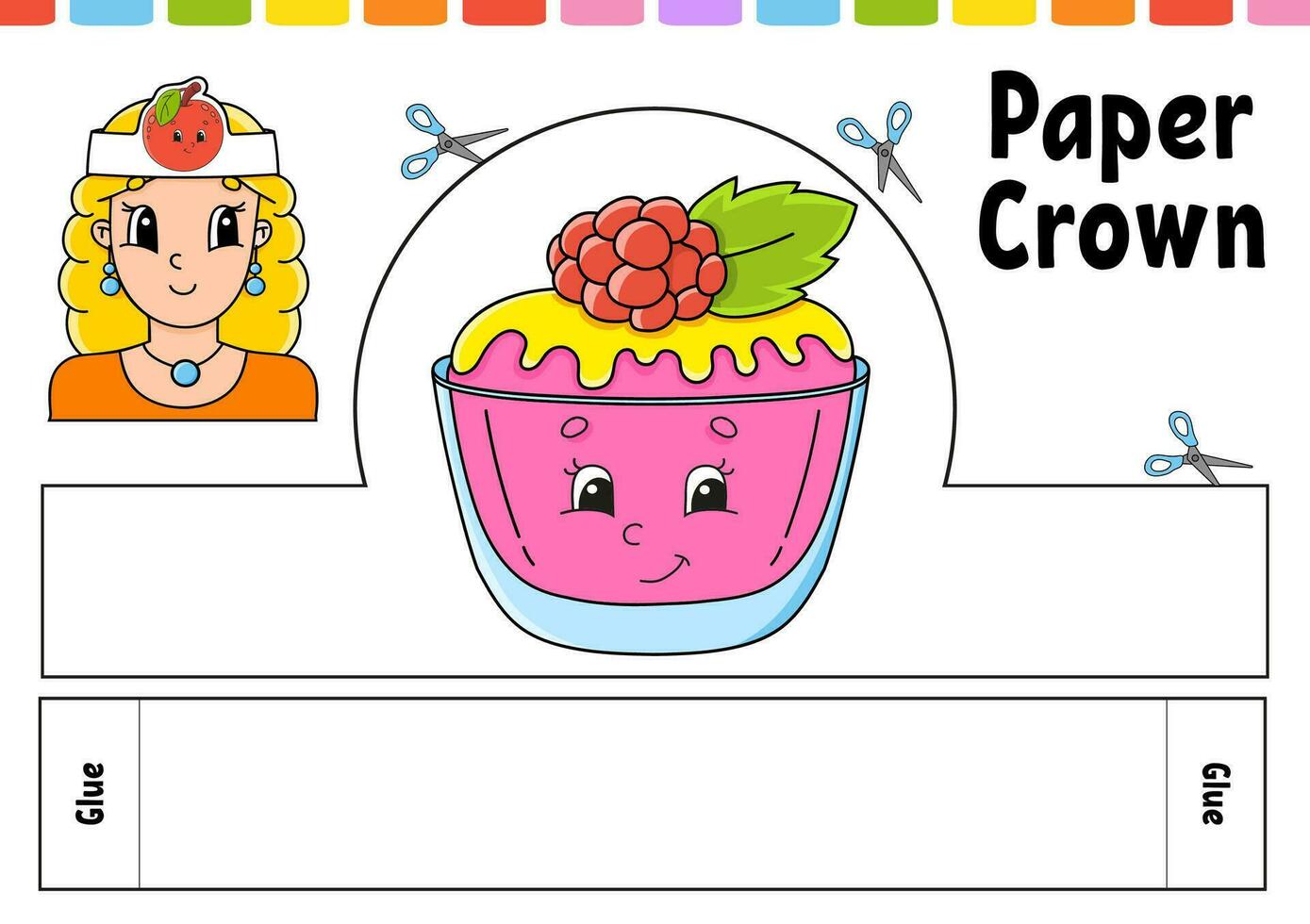 Paper crown template for kids. For games, pies, birthdays, holidays. With a cute cartoon character. Isolated on a white background. Suitable for printing. Vector illustration.