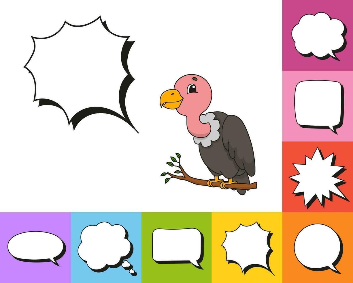 Speech bubble of different shape. With a cute cartoon character. Hand drawn. Thinking balloons. Isolated on white background. Vector illustration.