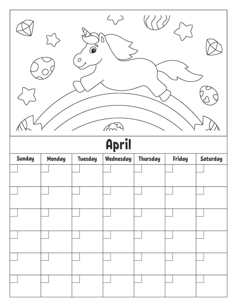 Blank calendar template for one month without dates. Colorful design with a cute character. Vector illustration.