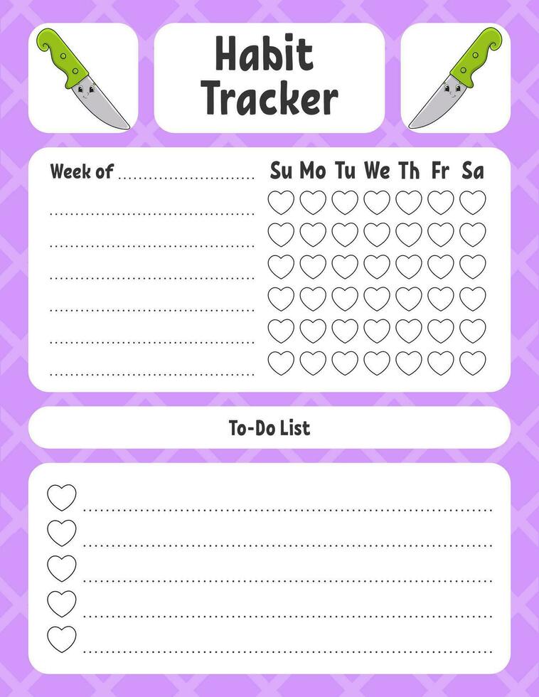 Habit tracker for kids. Sheet template for printing. With cute character. Vector illustration.